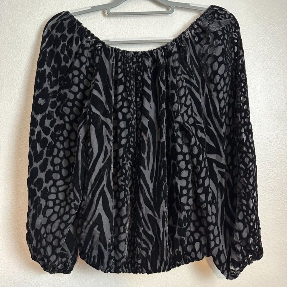 Alice + Olivia Black Velvet Burnout Top S Off The Shoulder Silk Sheer